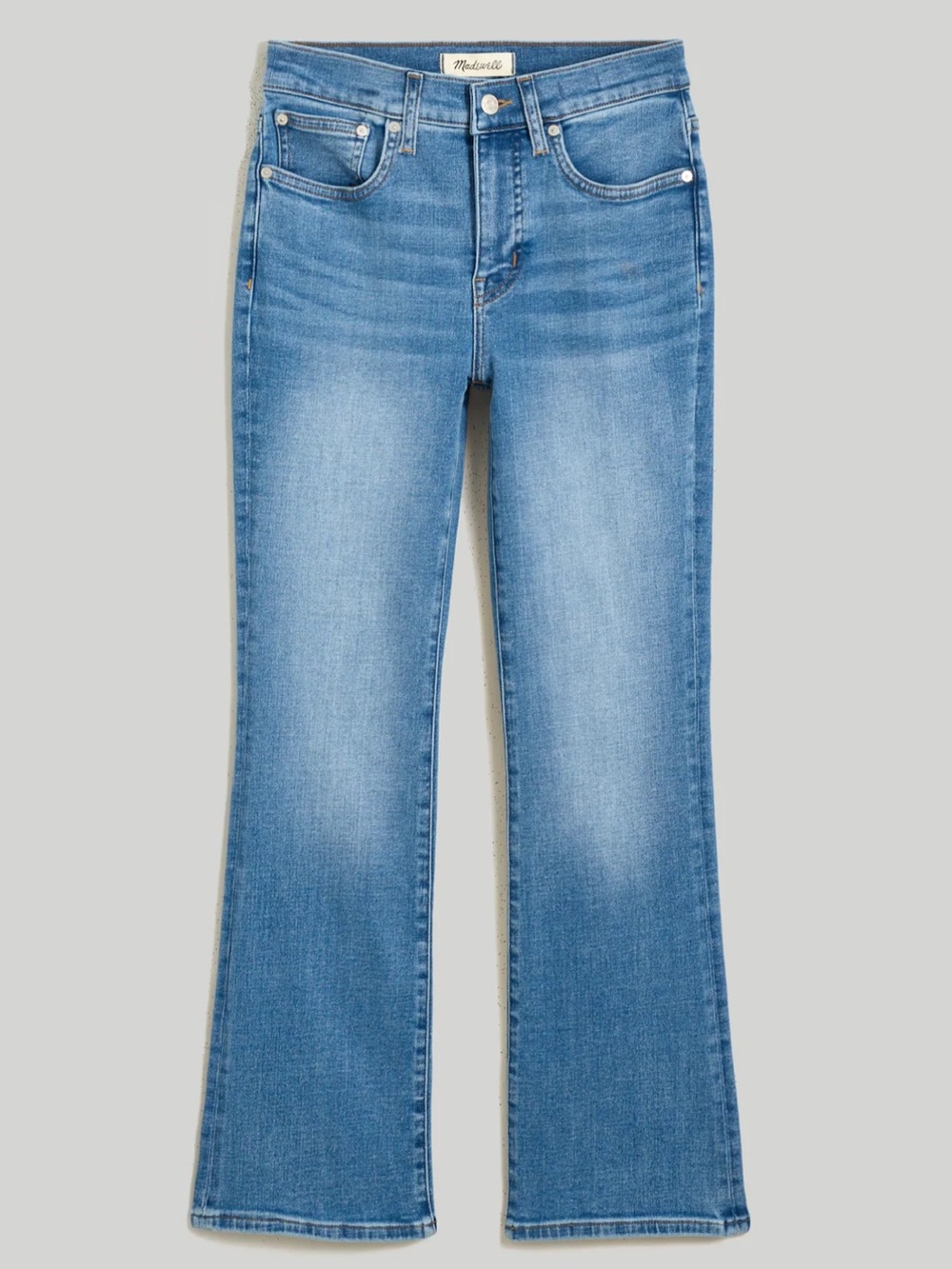 Madewell Kick Out Crop Jeans Mid Rise Demi Boot Flare Blue Denim Mather Wash 26